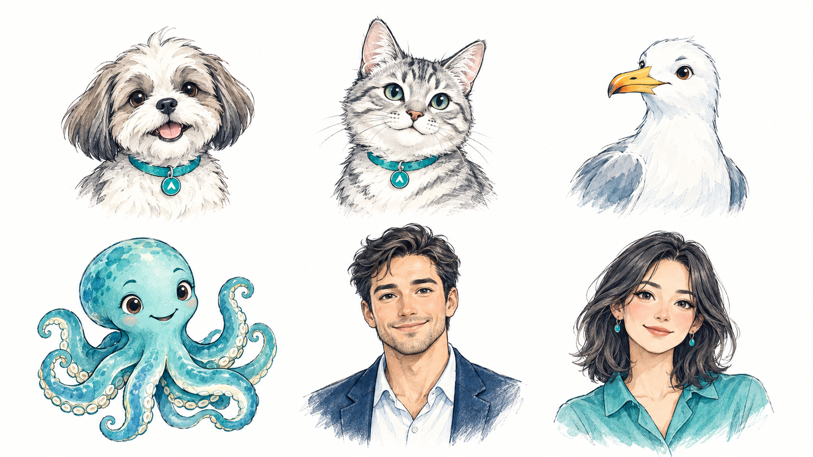 Sketch concepts of Buddy the Shih Tzu, Mivzu the cat, Gully the seagull, Benthy the octopus, Darok and Lirvi, arranged left to right in two rows.
